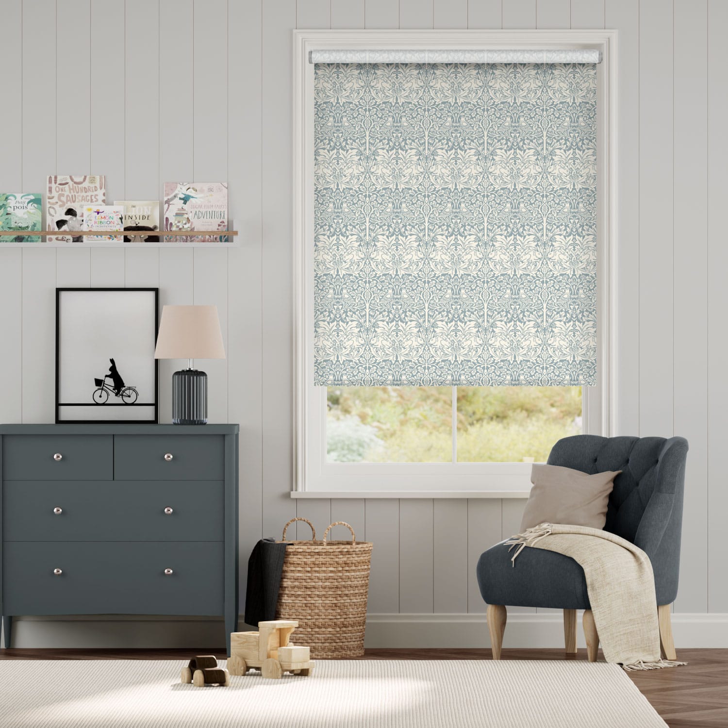 Rullgardin William Morris Brother Rabbit Blue Grey 